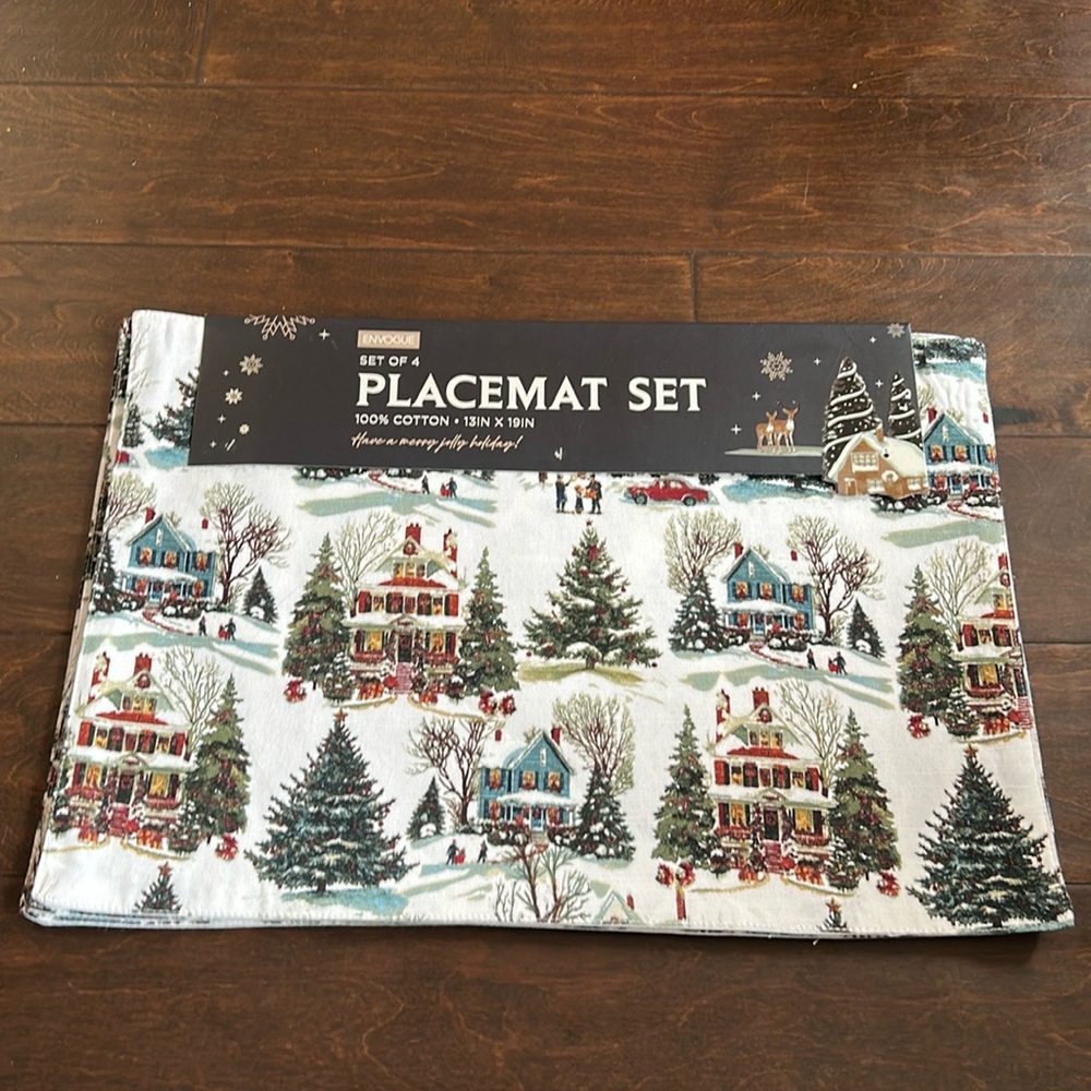 Envogue Christmas Placemats Set Of 4 New Cotton Snow Houses Trees